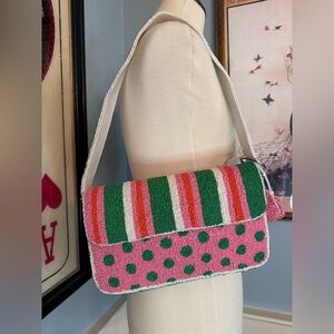 Viral Beaded Bag NWT Green white and pink stripes polka dots beaded shoulder bag